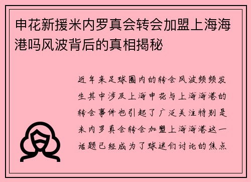 申花新援米内罗真会转会加盟上海海港吗风波背后的真相揭秘